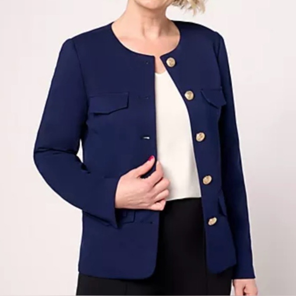 Dennis Basso Women’s Spring Ponte Jacket wit Crest Buttons Pocket Navy X-Large